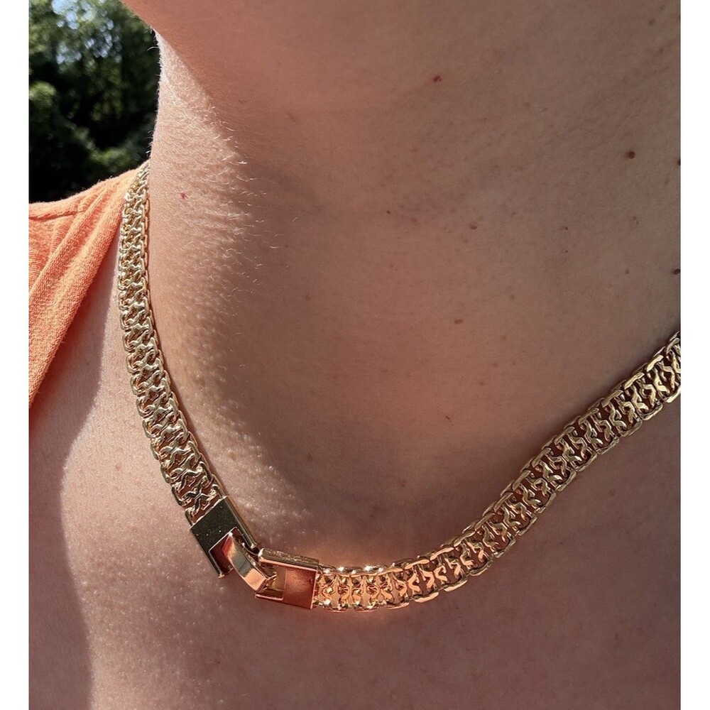 VTG Gold Tone Square Chunky Choker Necklace & bracelet Set Rope Double Curb